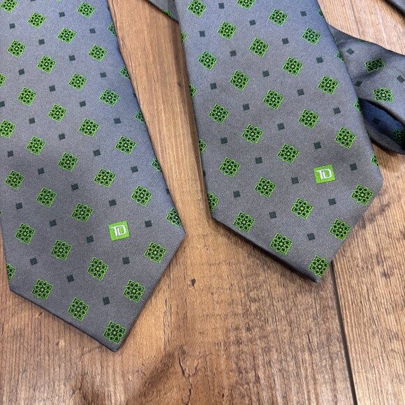 Set of 2 TD Bank Logo Ties Gray Green Diamond Pattern 100% Silk 62" Length - Picture 2 of 3